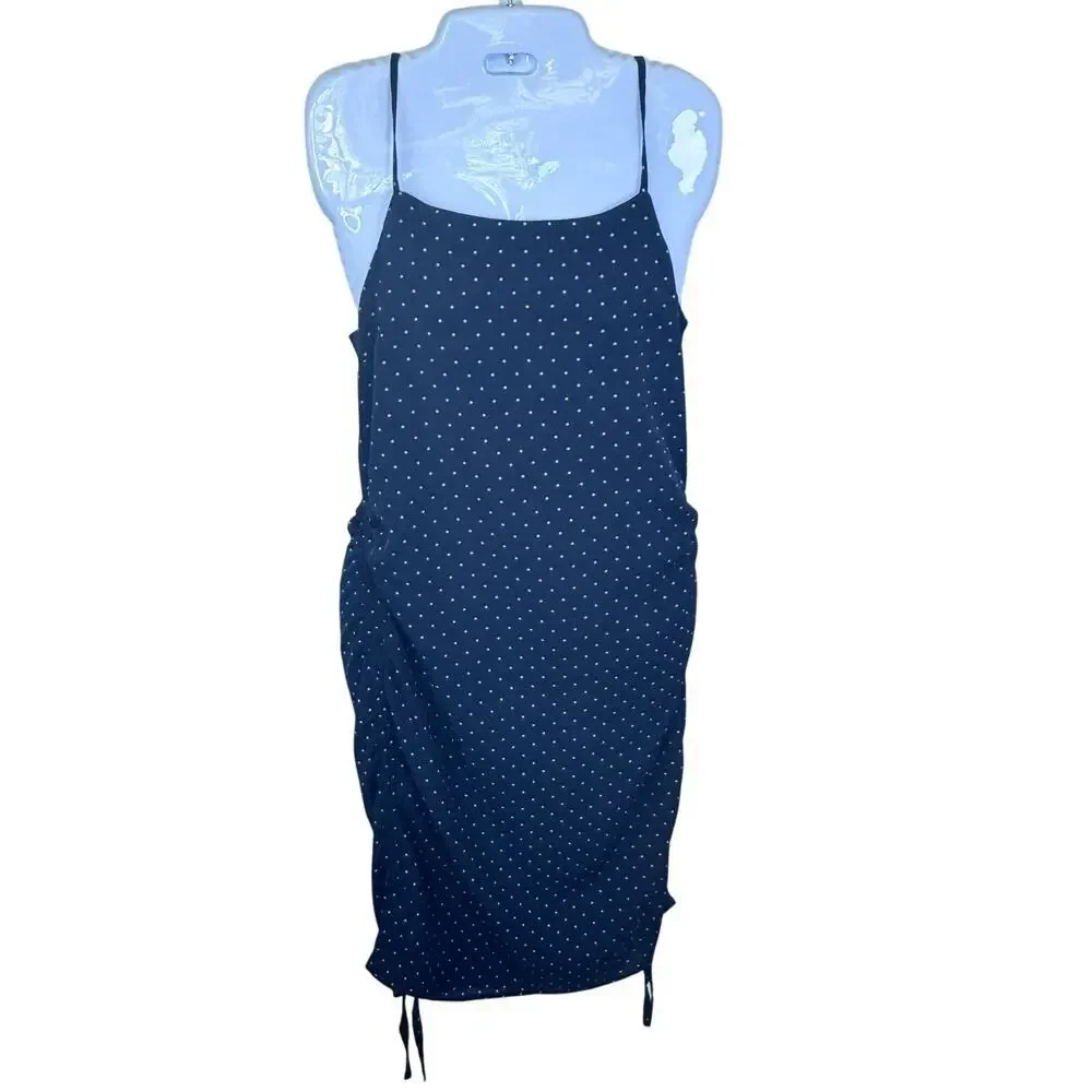 J.O.A. Just One Answer Navy Polkadot Convertible Dress Adjustable Side‎ Ruched S - Picture 2 of 12